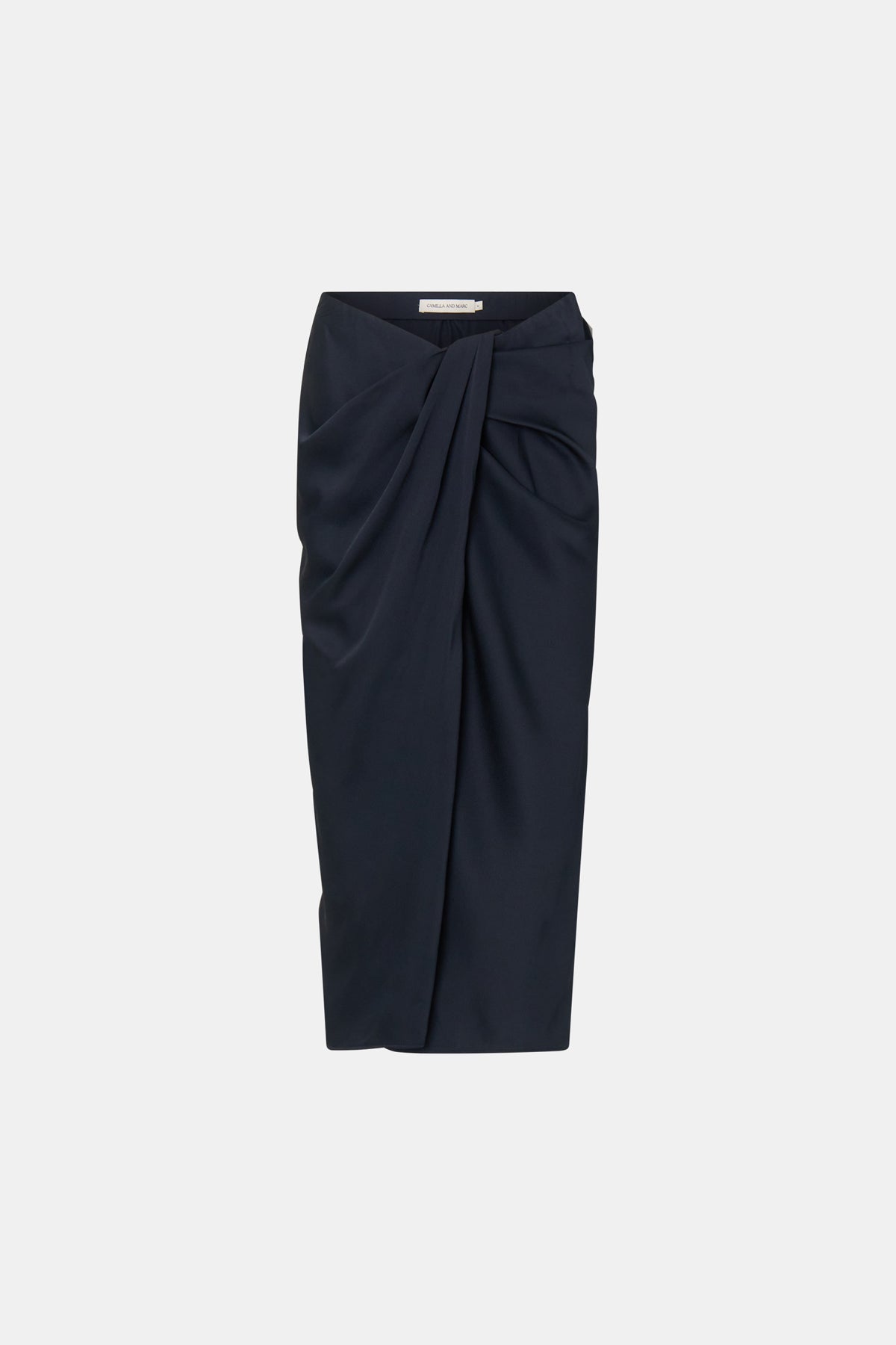 Ghost view CAMILLA AND MARC Elowyn Wrapped Midi Skirt in French Navy with front draped detailing.