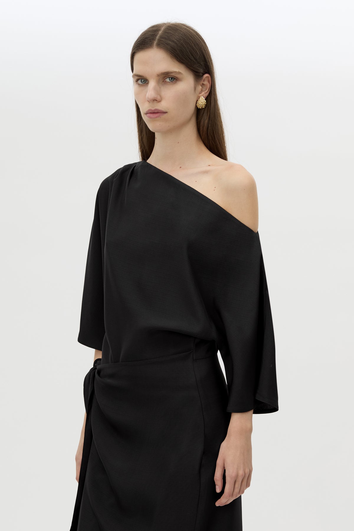 Cropped view CAMILLA AND MARC Elsen Off Shoulder Midi Dress in Black with asymmetric neckline.