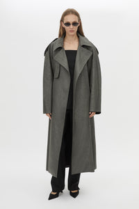 Front View CAMILLA AND MARC Ember Trech Coat in grey with oversized fit and waist belt.
