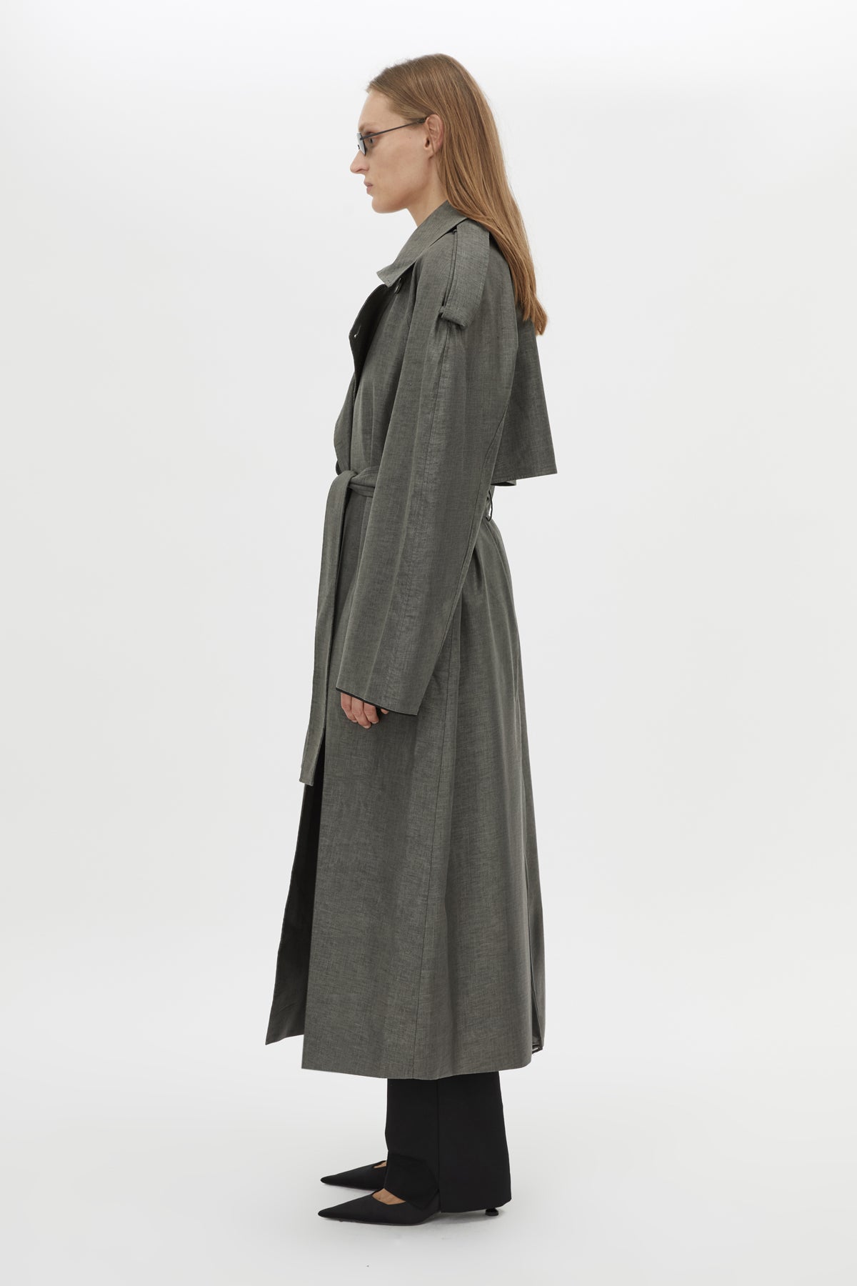 Side View CAMILLA AND MARC Ember Trech Coat in grey with oversized fit and waist belt.
