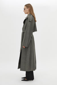 Side View CAMILLA AND MARC Ember Trech Coat in grey with oversized fit and waist belt.