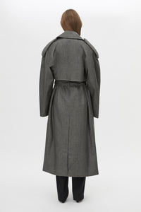 Back View CAMILLA AND MARC Ember Trech Coat in grey with oversized fit and waist belt.