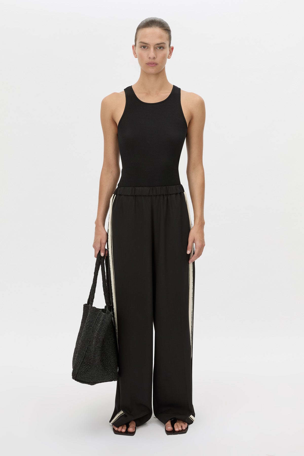 Front-styled view CAMILLA AND MARC wide-leg Enna Pant in black with an elasticated high‑waistband.