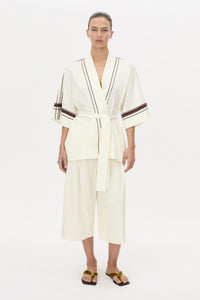Front view CAMILLA AND MARC relaxed Enna Robe in stone with embroidery detail.