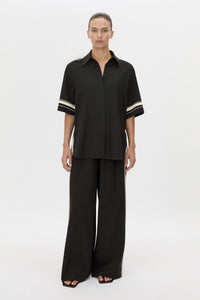 Front-styled view CAMILLA AND MARC relaxed Enna Shirt in black with embroidery detail.