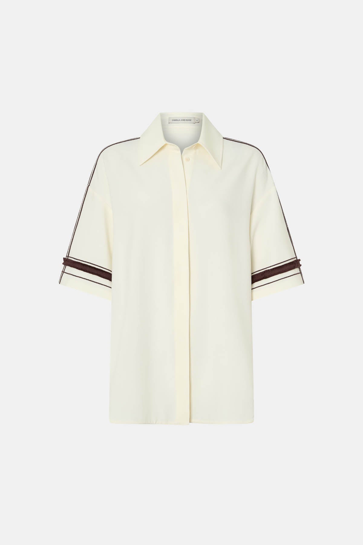 Ghost view CAMILLA AND MARC relaxed Enna Shirt in stone with embroidery detail.
