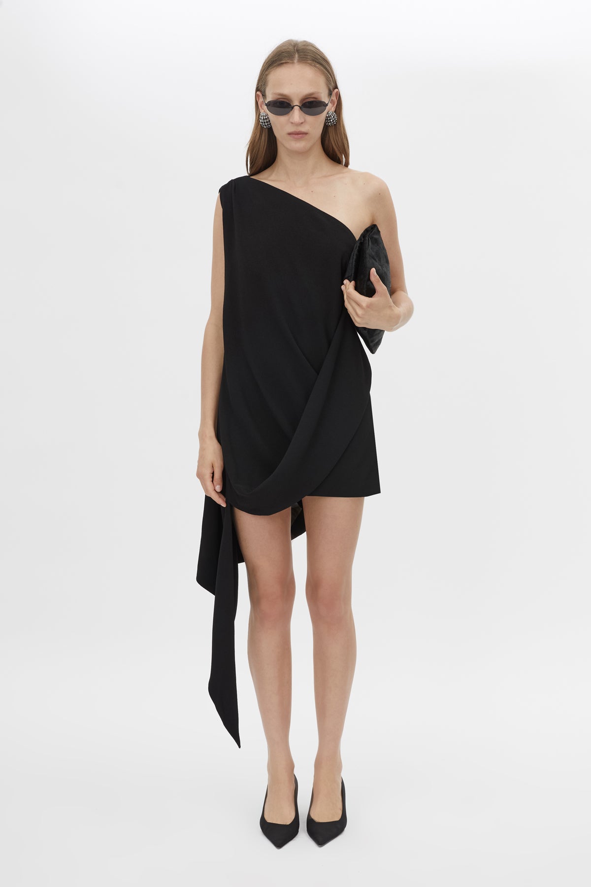 Front Styled View CAMILLA AND MARC Eon Dress asymmetric draped one-shoulder mini dress in black.