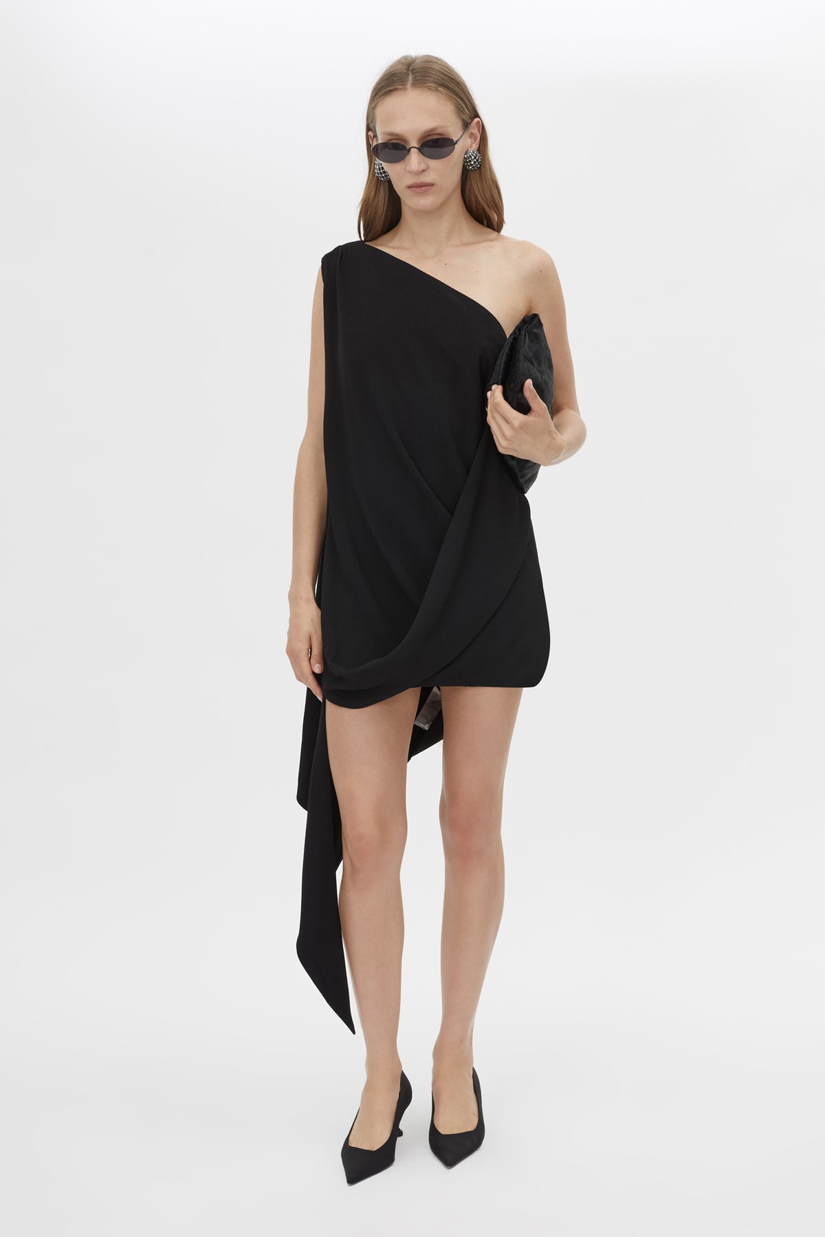 Front View CAMILLA AND MARC Eon Dress asymmetric draped one-shoulder mini dress in black.