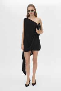 Front View CAMILLA AND MARC Eon Dress asymmetric draped one-shoulder mini dress in black.