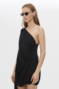 Close up view CAMILLA AND MARC Eon Dress asymmetric draped one-shoulder mini dress in black.