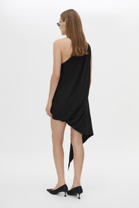 Three-quarter View CAMILLA AND MARC Eon Dress asymmetric draped one-shoulder mini dress in black.