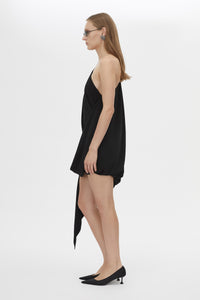 Side View CAMILLA AND MARC Eon Dress asymmetric draped one-shoulder mini dress in black.