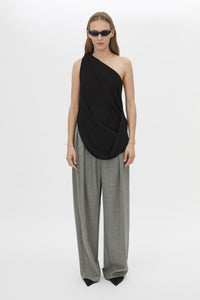 Front styled view CAMILLA AND MARC Eon Top in Black with a draped asymmetric silhouette.