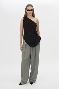 Front view CAMILLA AND MARC Eon Top in Black with a draped asymmetric silhouette.