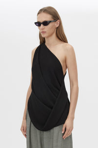 Three-quarter view CAMILLA AND MARC Eon Top in Black with a draped asymmetric silhouette.