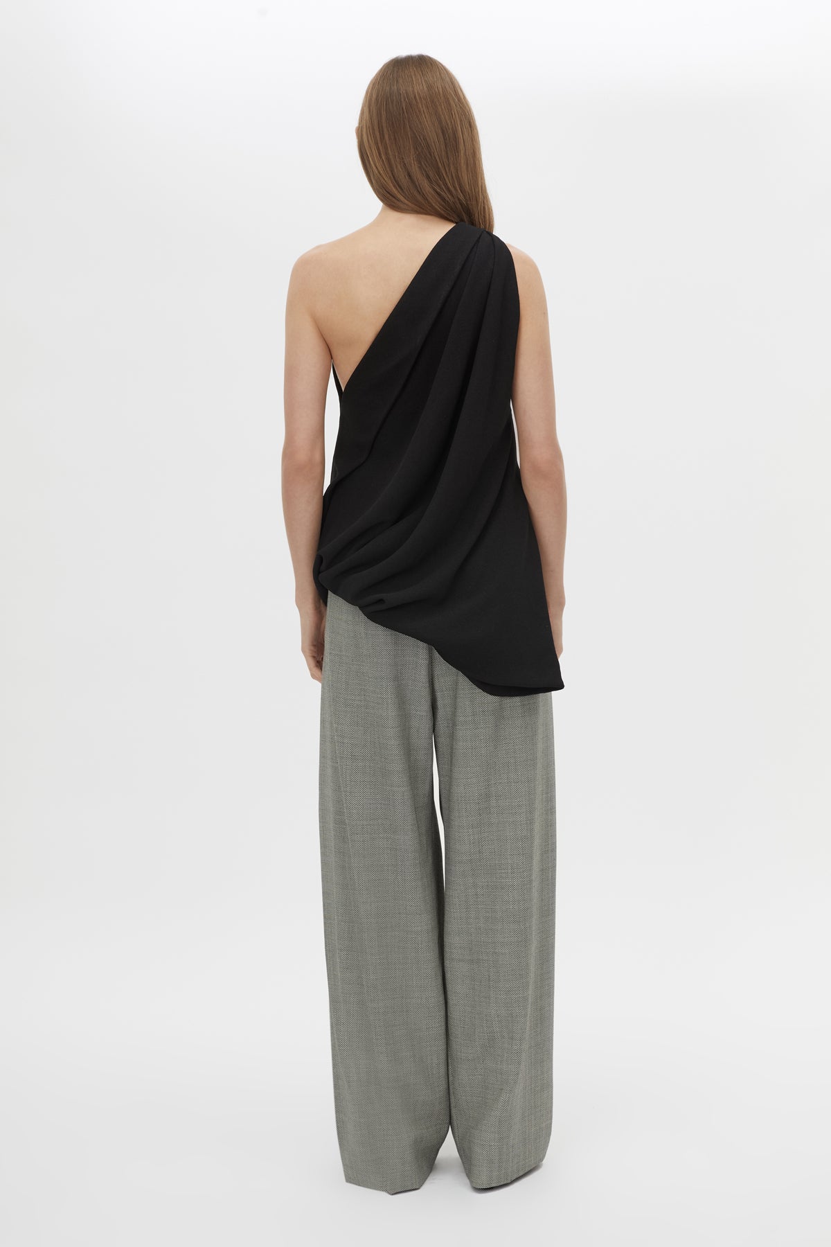 Back view CAMILLA AND MARC Eon Top in Black with a draped asymmetric silhouette.