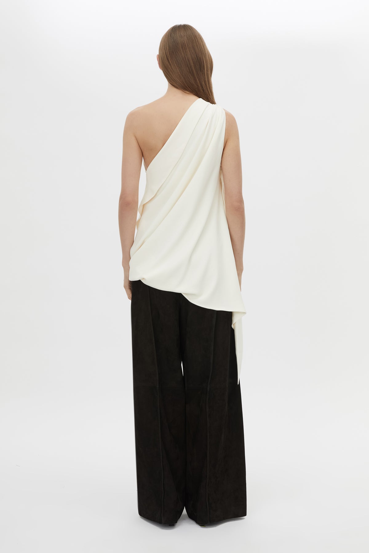Back view CAMILLA AND MARC Eon Top in Cream with a draped asymmetric silhouette.