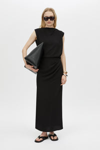 Front View CAMILLA AND MARC Eon Maxi Dress in black with draped low cowl back