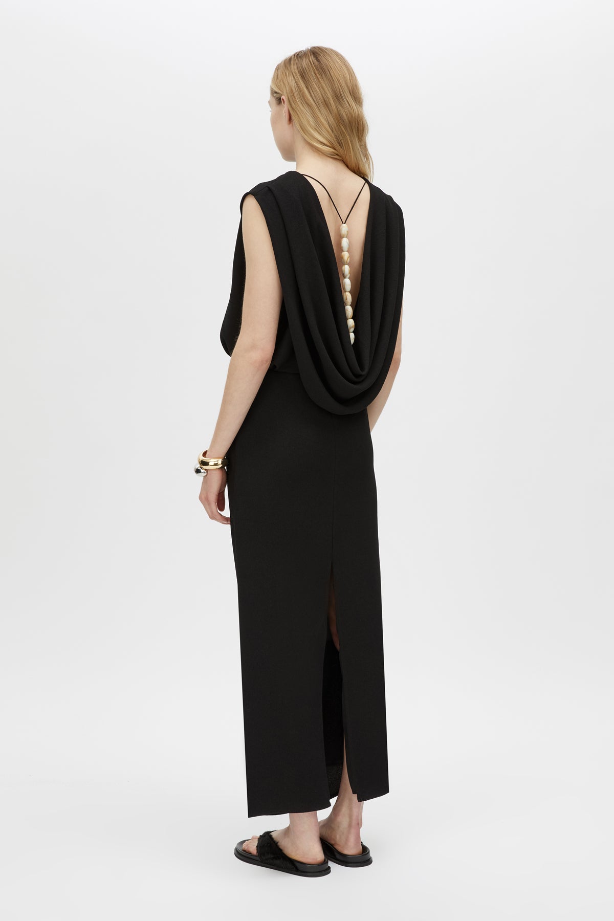 Back View CAMILLA AND MARC Eon Maxi Dress in black with draped low cowl back