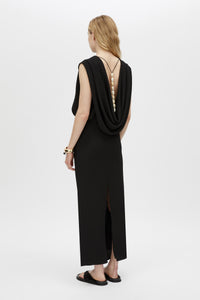 Back View CAMILLA AND MARC Eon Maxi Dress in black with draped low cowl back