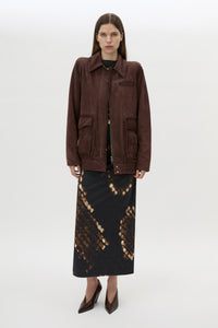 Front view CAMILLA AND MARC Ephyra Midi Dress in Ephyra Print styled with the Zaha Leather Bomber.