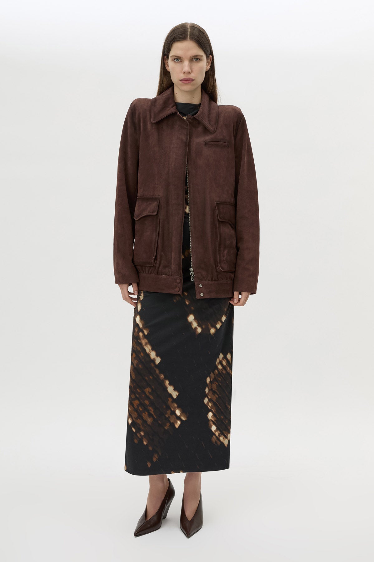 Front view CAMILLA AND MARC Ephyra Midi Dress in Ephyra Print styled with the Zaha Leather Bomber.