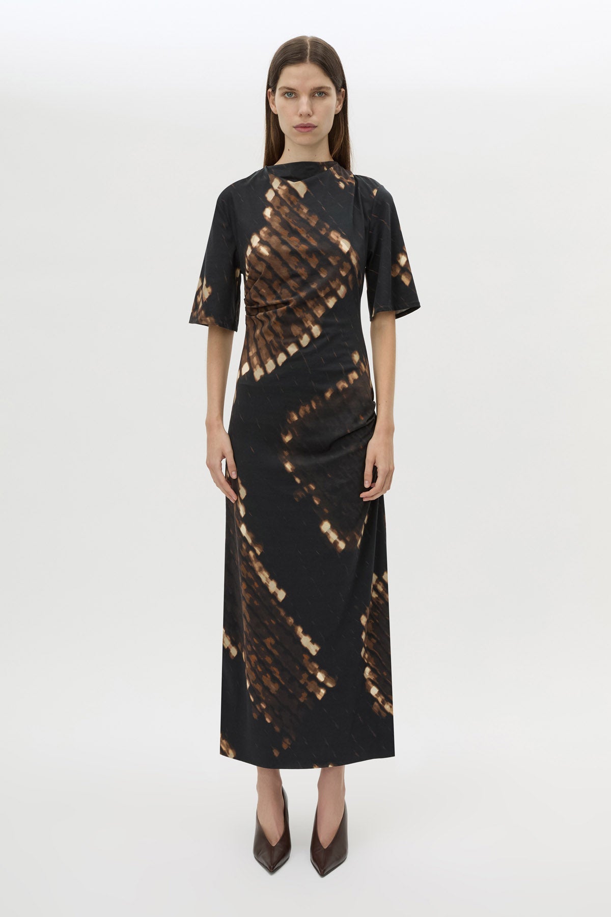 Front styled view CAMILLA AND MARC Ephyra Midi Dress in Ephyra Print with short sleeves and a draped silhouette. 