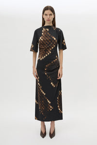 Front styled view CAMILLA AND MARC Ephyra Midi Dress in Ephyra Print with short sleeves and a draped silhouette. 