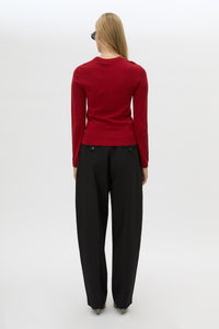 Back view CAMILLA AND MARC Esme Knit Sweater in Cherry Red with crew neckline, ribbed trims and single‑jersey knit.
