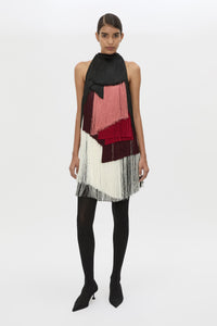 Front view CAMILLA AND MARC Evara Fringe Mini Dress with multicoloured layered satin fringe and high neckline.