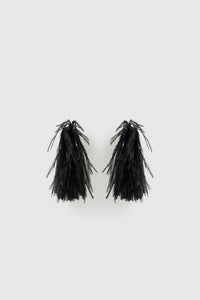Front ghost view CAMILLA AND MARC Friesian Feather Earrings in Black featuring sculptural soft‑spike hoops fitted with black faux ostrich feathers.
