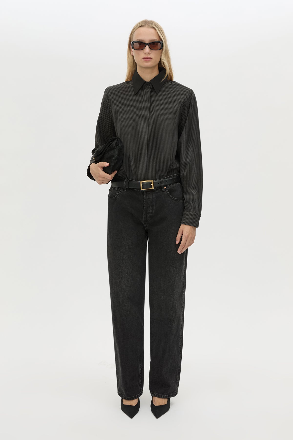 Front view CAMILLA AND MARC Genre Gingham Long-Sleeve Shirt in Steel Grey with contrast collar.