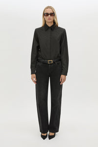 Styled view CAMILLA AND MARC Genre Gingham Long-Sleeve Shirt in Steel Grey with contrast collar.
