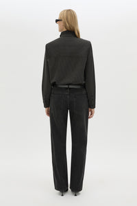 Back view CAMILLA AND MARC Genre Gingham Long-Sleeve Shirt in Steel Grey with contrast collar.
