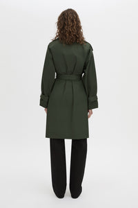 Back view CAMILLA AND MARC oversized Gia Funnel Neck Coat in bottle green with concealed double‑breasted front with internal snaps.