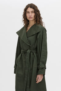 crop view CAMILLA AND MARC oversized Gia Funnel Neck Coat in bottle green with concealed double‑breasted front with internal snaps.