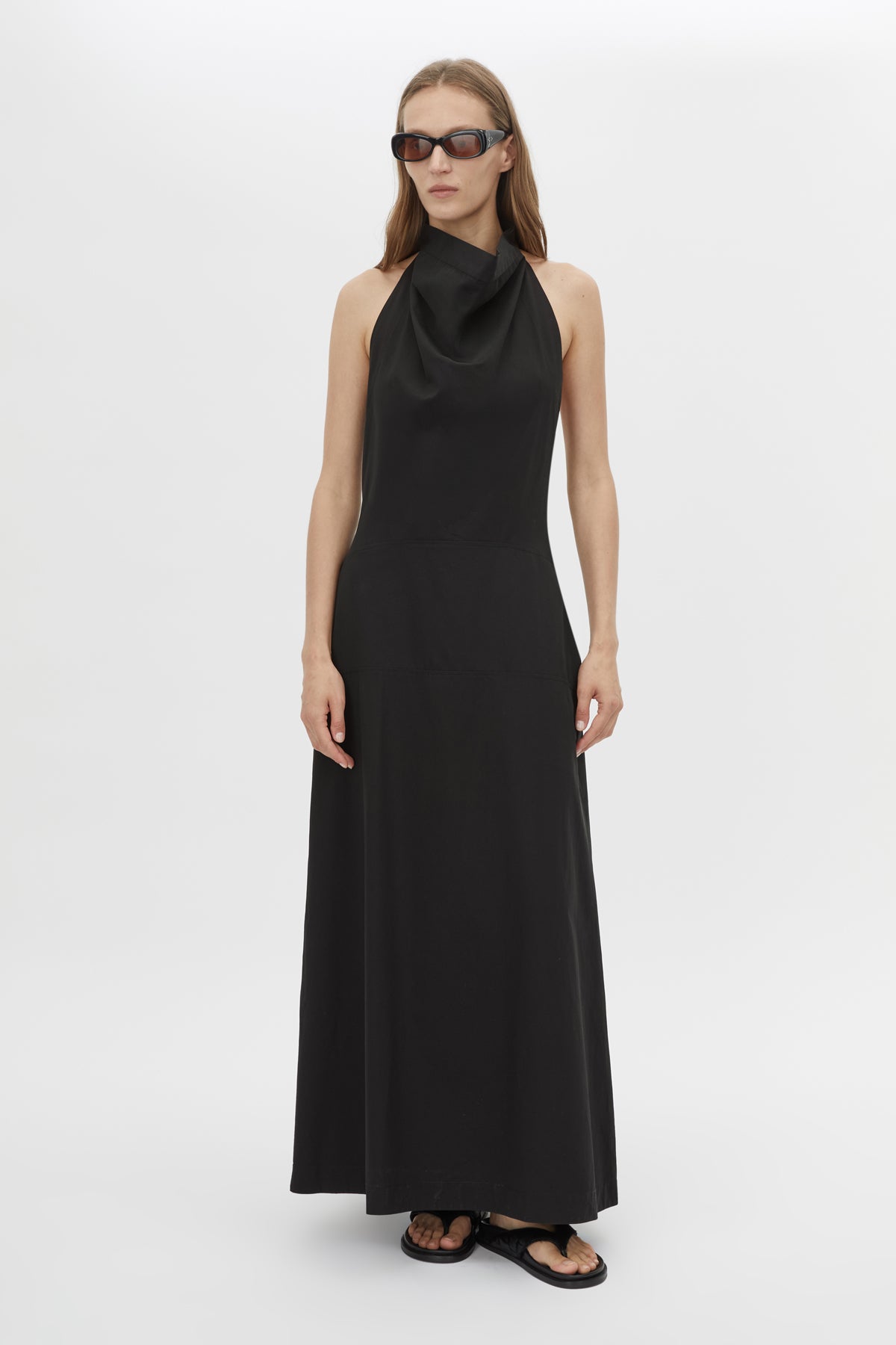 Front View - CAMILLA AND MARC Grace black maxi dress with a cowl neckline. 