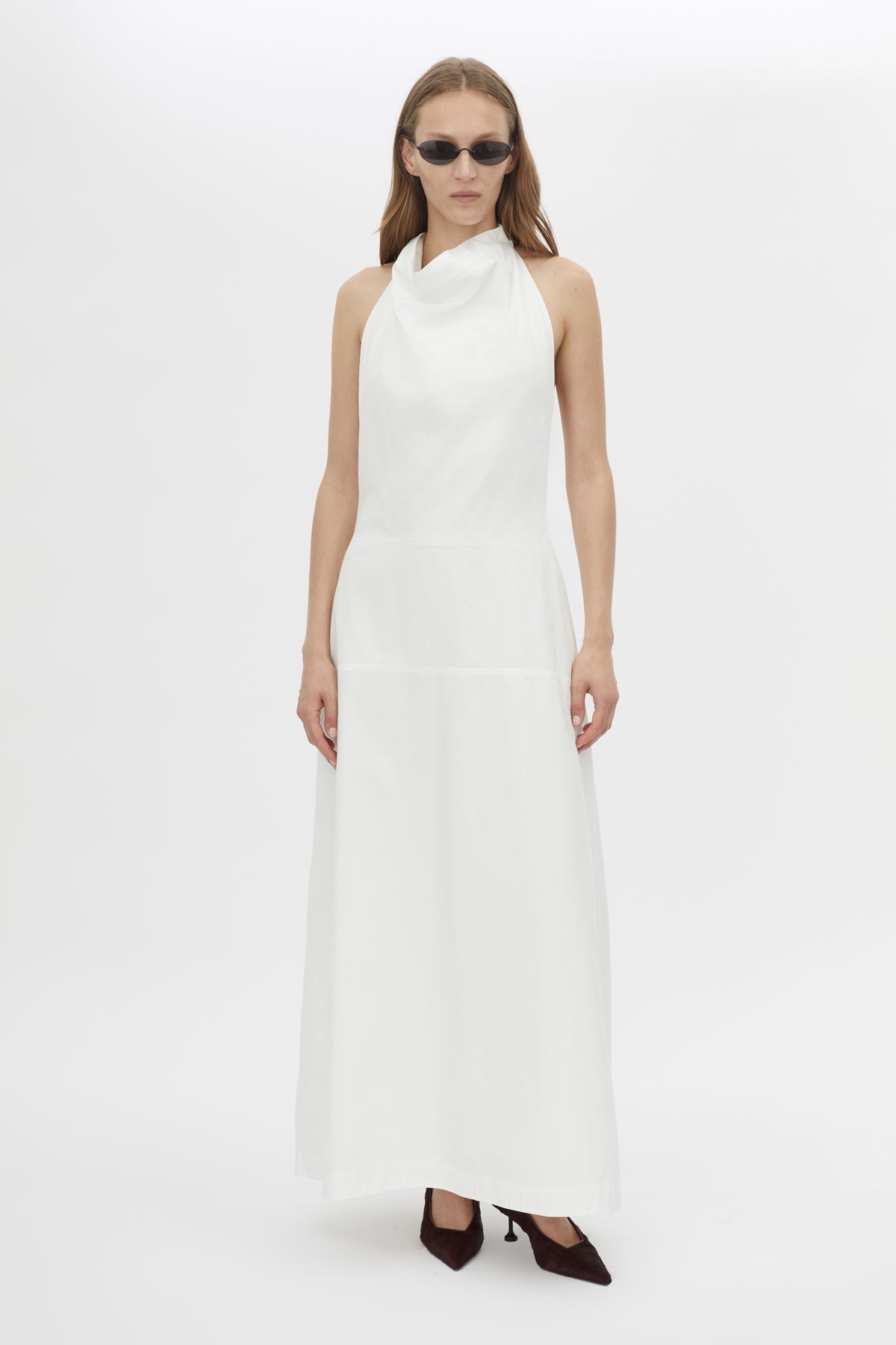 Front View - CAMILLA AND MARC Grace white maxi dress with a cowl neckline.