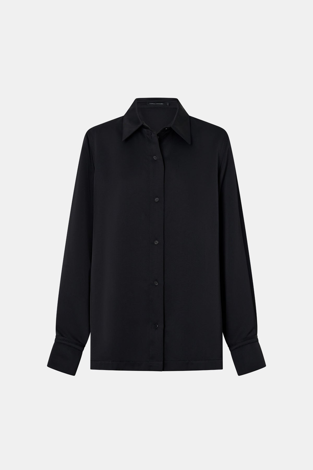 Ghost view CAMILLA AND MARC Ground Satin Long Sleeve Shirt in Black with collared neckline.