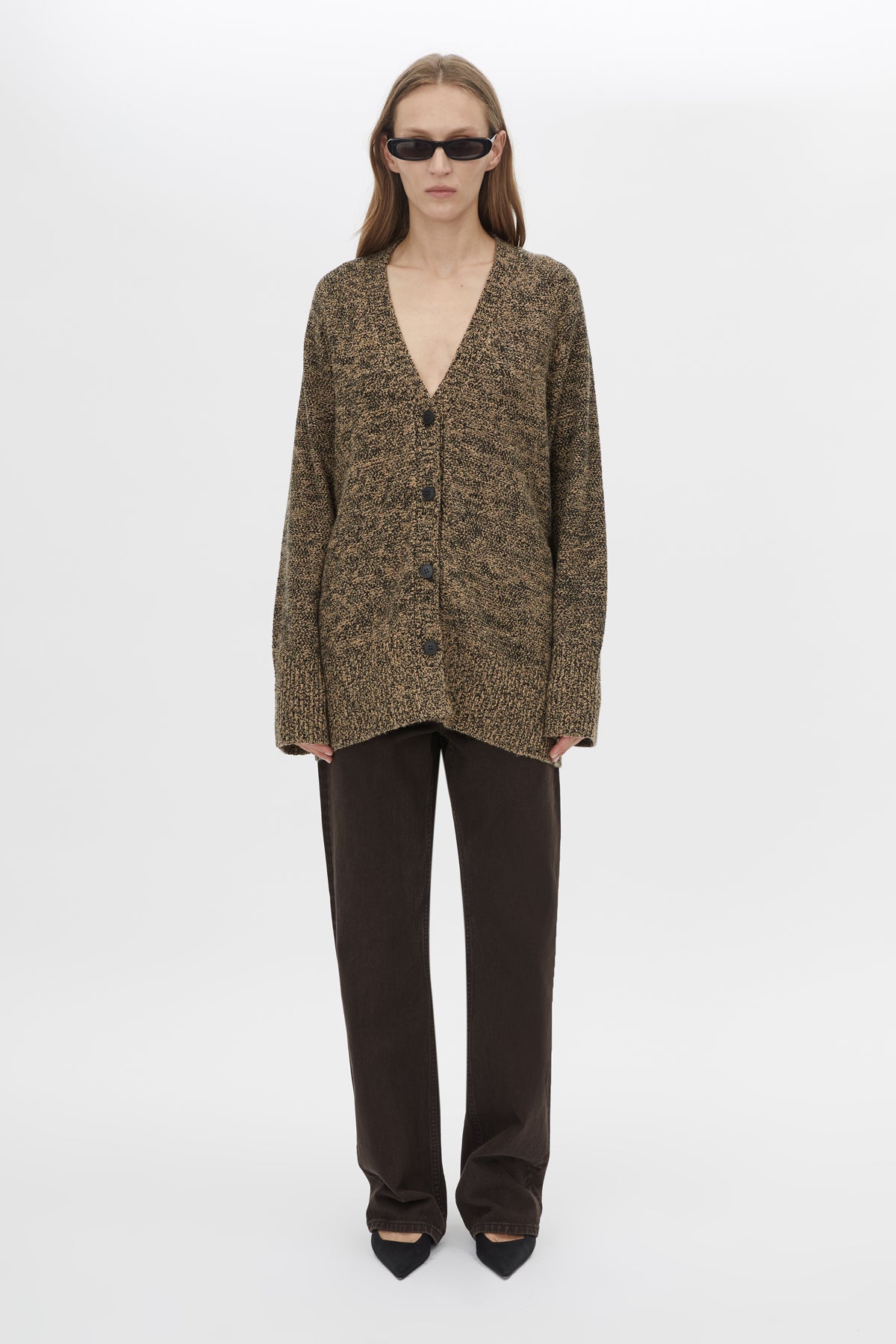 Front Style View CAMILLA AND MARC Hal Knit Boyfriend Cardigan in honey black with V neck and button front.
