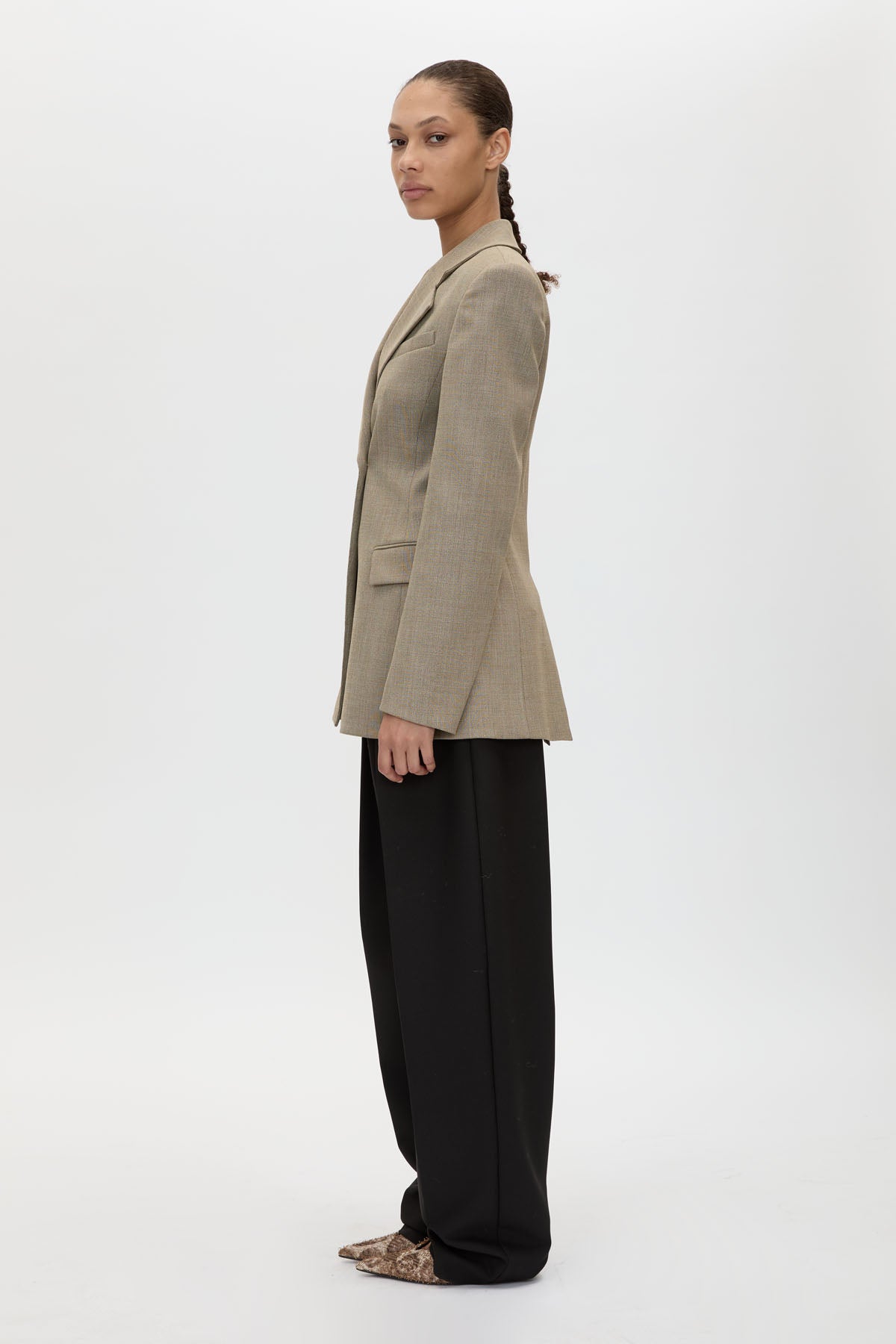 Side view CAMILLA AND MARC Halden Fitted Contour Blazer in Taupe with overlapped closure, crafted in Turkish twill.