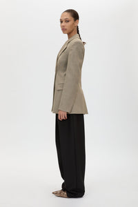 Side view CAMILLA AND MARC Halden Fitted Contour Blazer in Taupe with overlapped closure, crafted in Turkish twill.
