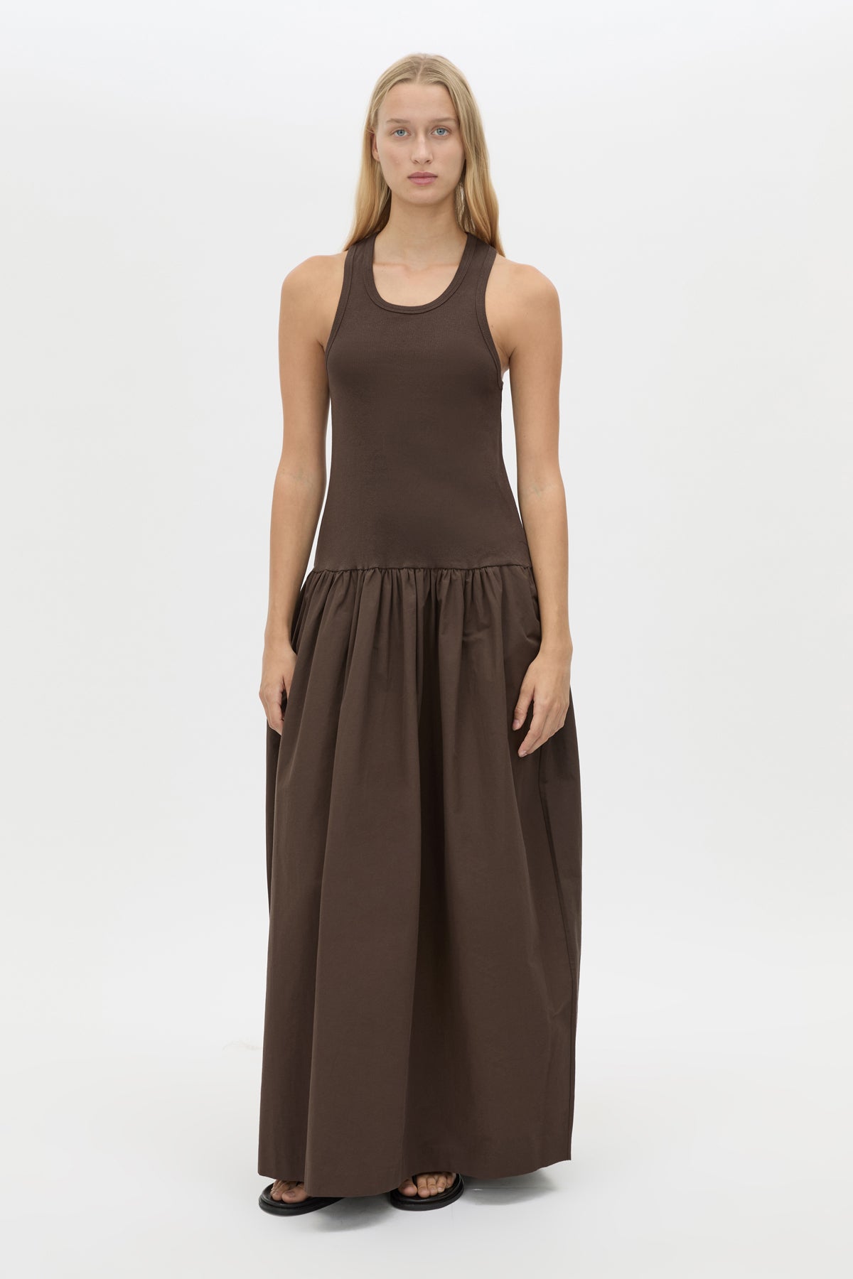 Front View - CAMILLA AND MARC Horizon maxi dress in espresso brown with a dropped waist cotton poplin skirt, ribbed neckline.
 