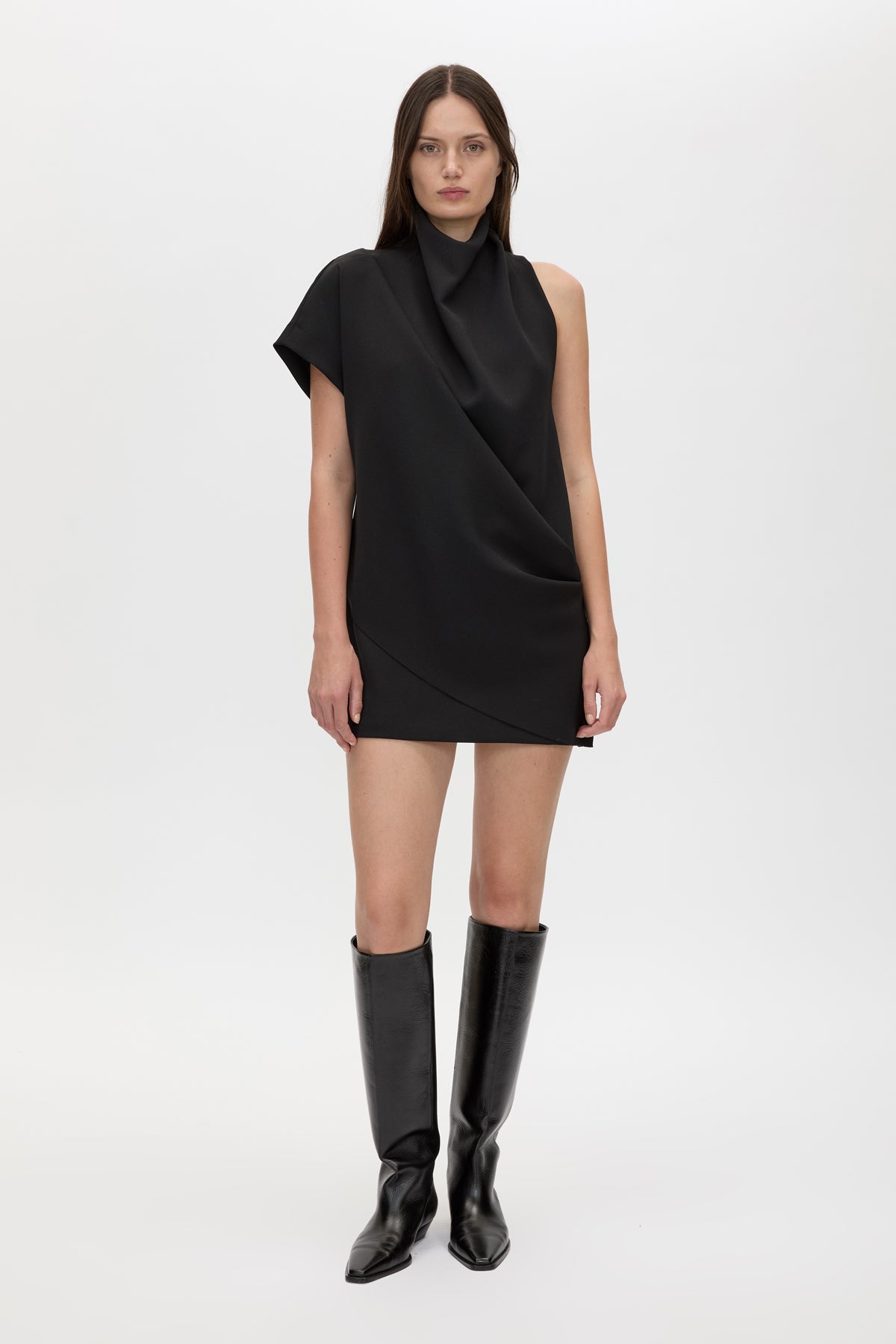 Front view CAMILLA AND MARC Huxley Draped Mini Dress in Black with laser‑cut neckline and draped panel.