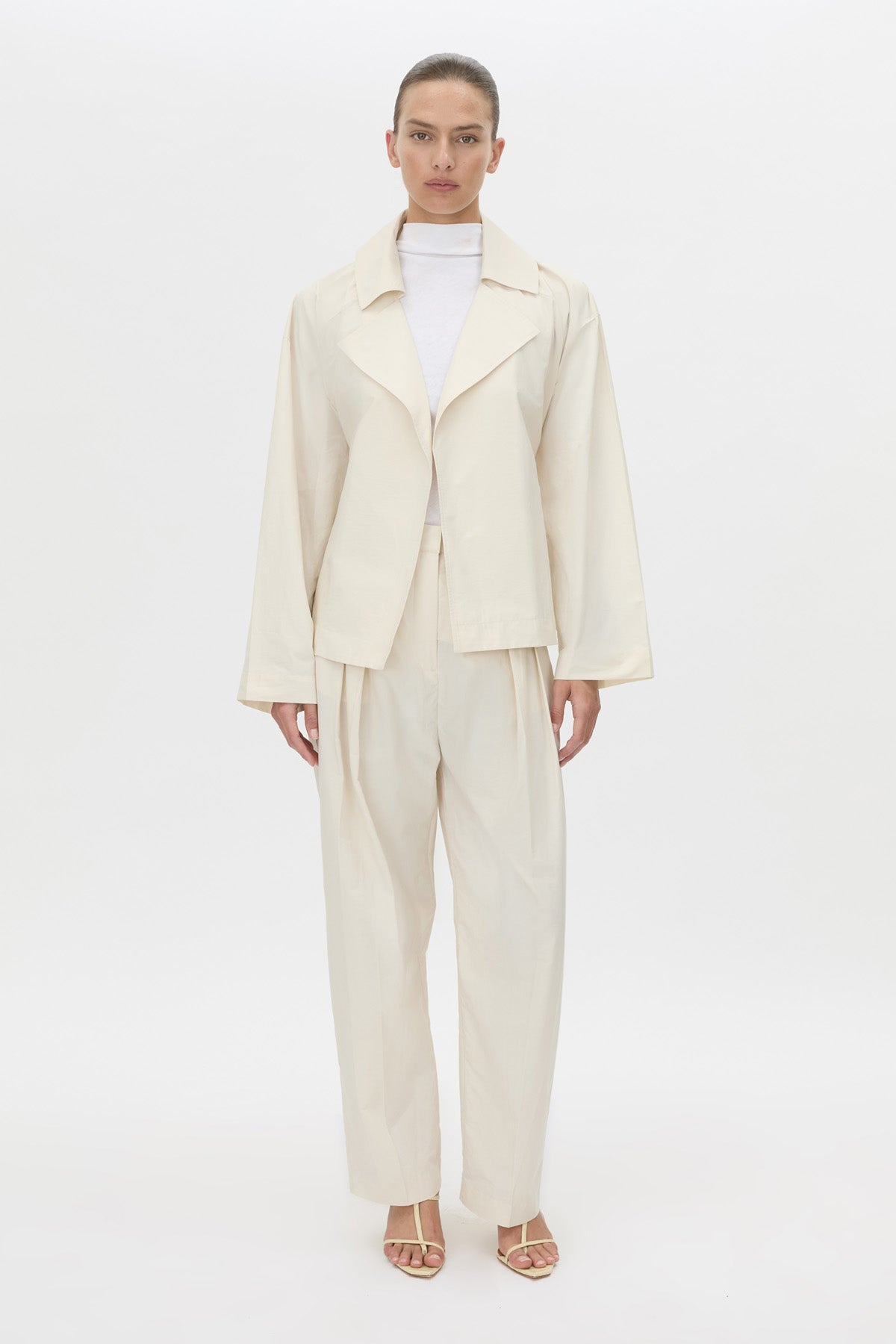 Front view CAMILLA AND MARC Inca Belted Wrap Jacket in ivory.
