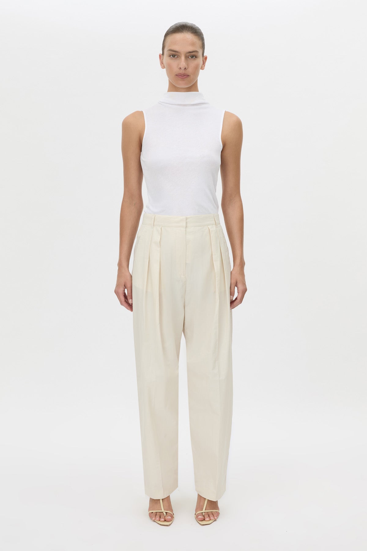 Front view CAMILLA AND MARC Inca Wide Leg Tailored Pant in ivory with a mid‑rise fit.