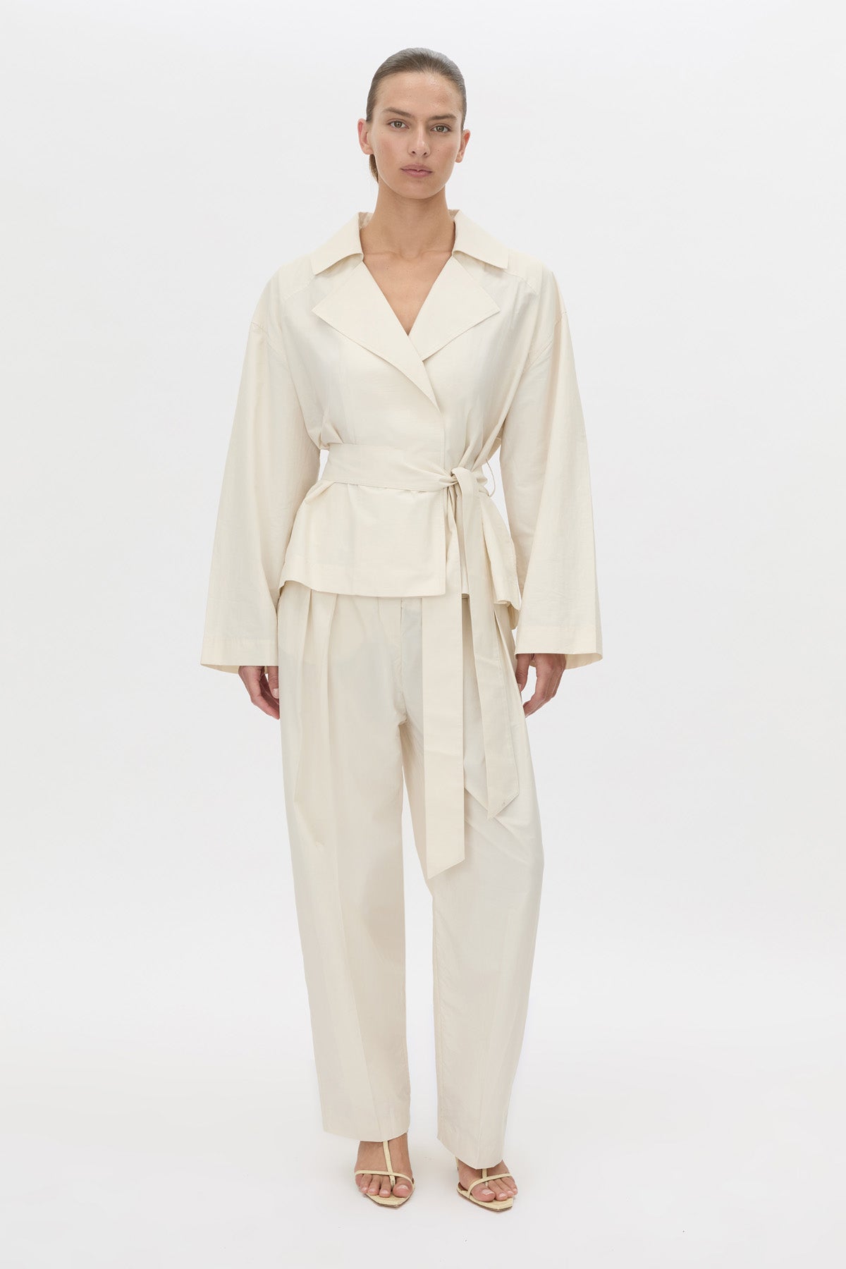 Front view CAMILLA AND MARC Inca Wide Leg Tailored Pant in ivory with a mid‑rise fit.
