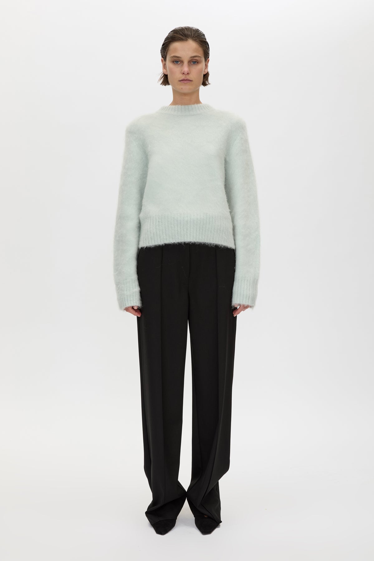 Front view CAMILLA AND MARC Ines Knit Sweater in mint with brushed knit texture.