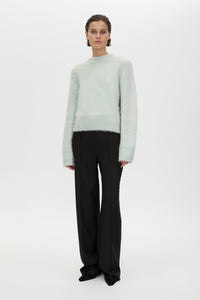 Front styled view CAMILLA AND MARC Ines Knit Sweater in Mint with brushed knit texture and ribbed crew neckline.
