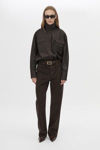 Front view CAMILLA AND MARC Java Shirt in Espresso Brown with funnel neck, button‑up front and long sleeves. 
